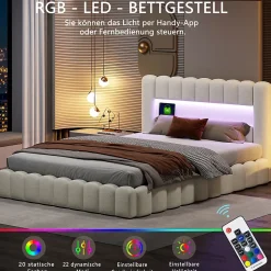 Lit double 180x200cm avec rangements, lit de souche avec éclairage LED, lit capitonné lit adulte lit ado, lin beige