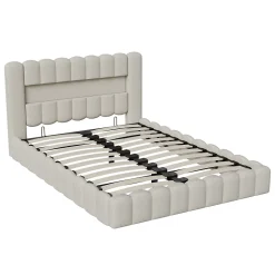 Lit double 180x200cm avec rangements, lit de souche avec éclairage LED, lit capitonné lit adulte lit ado, lin beige