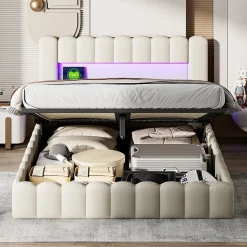Lit double 180x200cm avec rangements, lit de souche avec éclairage LED, lit capitonné lit adulte lit ado, lin beige