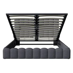 Lit double 140x200cm avec rangements, lit de souche avec éclairage LED, lit capitonné lit adulte lit ado, lin gris