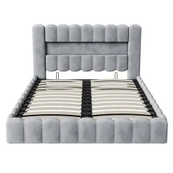 Lit double 180x200cm avec rangements, lit de souche avec éclairage LED, lit capitonné lit adulte lit ado, lin gris