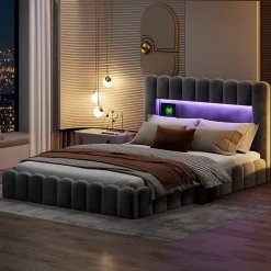 Lit double 180x200cm avec rangements, lit de souche avec éclairage LED, lit capitonné lit adulte lit ado, lin gris