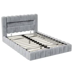 Lit double 180x200cm avec rangements, lit de souche avec éclairage LED, lit capitonné lit adulte lit ado, lin gris