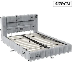 Lit double 180x200cm avec rangements, lit de souche avec éclairage LED, lit capitonné lit adulte lit ado, lin gris