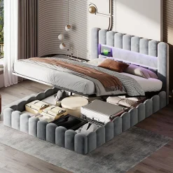 Lit double 180x200cm avec rangements, lit de souche avec éclairage LED, lit capitonné lit adulte lit ado, lin gris