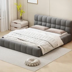 Lit Double 160x200cm, Avec Sommier à Lattes Et Dossier, Avec Cadre Rembourré, Lin, Gris