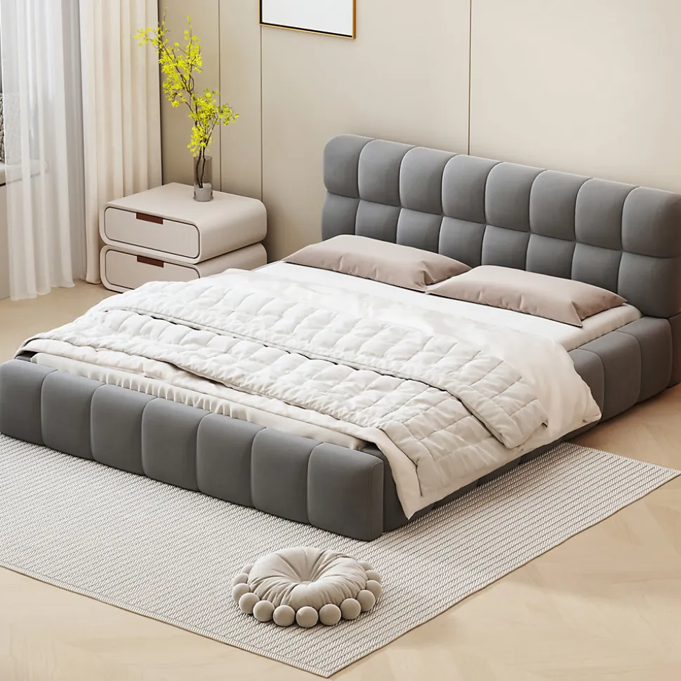 Lit Double 160x200cm, Avec Sommier à Lattes Et Dossier, Avec Cadre Rembourré, Lin, Gris