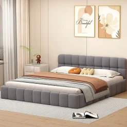 Lit Double 160x200cm, Avec Sommier à Lattes Et Dossier, Avec Cadre Rembourré, Lin, Gris