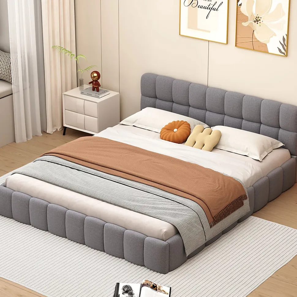 Lit Double 160x200cm, Avec Sommier à Lattes Et Dossier, Avec Cadre Rembourré, Lin, Gris