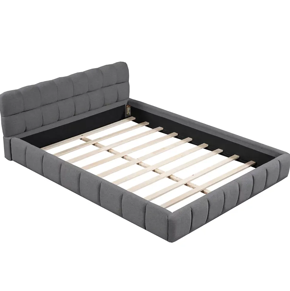 Lit Double 160x200cm, Avec Sommier à Lattes Et Dossier, Avec Cadre Rembourré, Lin, Gris