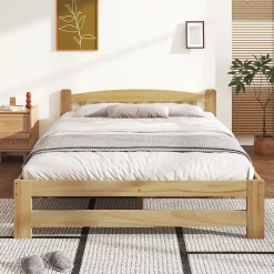 Lit Double 140x200cm Bois Massif Tête Lattes Naturel Blackcolors