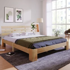 Lit Double 140x200cm Bois Tête De Lit Naturel Blackcolors