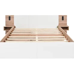 Lit double 140x200cm en bois - avec 2 chevets et 2 tiroirs - 2 liseuses avec prise USB - Blanc + Naturel (matelas non inclus)