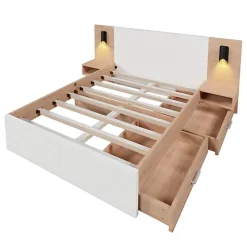 Lit double 140x200cm en bois - avec 2 chevets et 2 tiroirs - 2 liseuses avec prise USB - Blanc + Naturel (matelas non inclus)