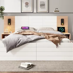 Lit double 140x200cm en bois - avec 2 chevets et 2 tiroirs - 2 liseuses avec prise USB - Blanc + Naturel (matelas non inclus)
