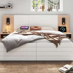 Lit double 140x200cm en bois - avec 2 chevets et 2 tiroirs - 2 liseuses avec prise USB - Blanc + Naturel (matelas non inclus)
