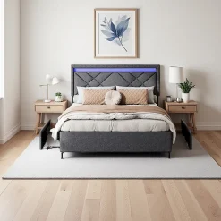 Lit double 160x200cm en lin gris foncé avec LED, USB & Type-C, tête de lit moderne et 4 tiroirs métalliques de rangement