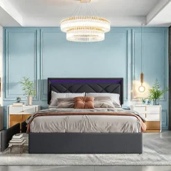 Lit double 160x200cm en lin gris foncé avec LED, USB & Type-C, tête de lit moderne et 4 tiroirs métalliques de rangement