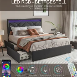 Lit double 160x200cm en lin gris foncé avec LED, USB & Type-C, tête de lit moderne et 4 tiroirs métalliques de rangement
