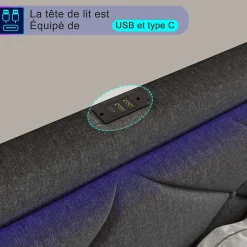 Lit double 160x200cm en lin gris foncé avec LED, USB & Type-C, tête de lit moderne et 4 tiroirs métalliques de rangement