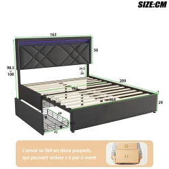 Lit double 160x200cm en lin gris foncé avec LED, USB & Type-C, tête de lit moderne et 4 tiroirs métalliques de rangement