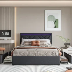 Lit double 160x200cm en lin gris foncé avec LED, USB & Type-C, tête de lit moderne et 4 tiroirs métalliques de rangement