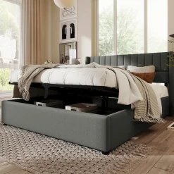 Lit Double 160x200cm Hydraulique Rangement Lin Gris Blackcolors