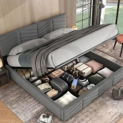 Lit Double 180x200cm Hydraulique Velours Rayé Gris Blackcolors