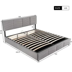 Lit Double 180x200cm Hydraulique Velours Rayé Gris Blackcolors