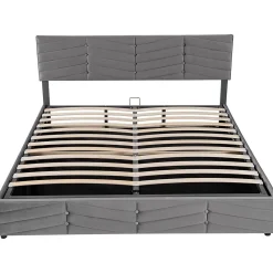 Lit Double 180x200cm Hydraulique Velours Rayé Gris Blackcolors