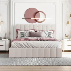 Lit Double 140x200cm Hydraulique LED Velours Blanc Crème Blackcolors