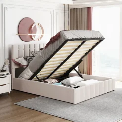 Lit Double 140x200cm Hydraulique LED Velours Blanc Crème Blackcolors