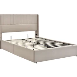 Lit double 160x200cm, lit rembourré hydraulique, lit de rangement avec sommier à lattes en bois, lin , beige