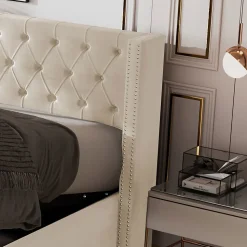 Lit Double 180x200cm Oreilles Rivets Hydraulique Beige Blackcolors