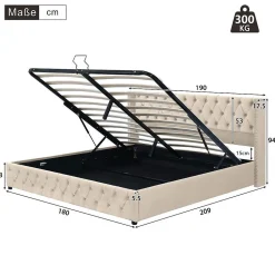 Lit Double 180x200cm Oreilles Rivets Hydraulique Beige Blackcolors