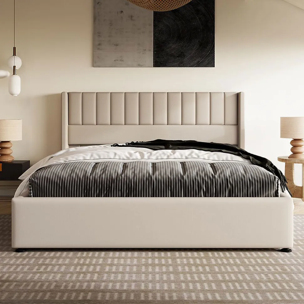 Lit Double 140x200cm Rembourré Hydraulique Lin Beige Blackcolors