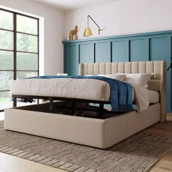 Lit Double 140x200cm Rembourré Hydraulique Lin Beige Blackcolors