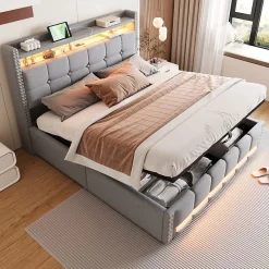 Lit Double 160X200Cm Usb Led Hydraulique Lin Blackcolors