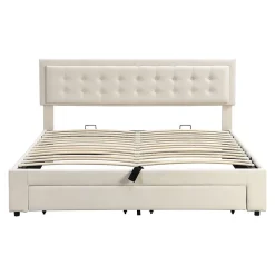 Lit Double 180X200Cm Velours Tiroirs Beige Blackcolors