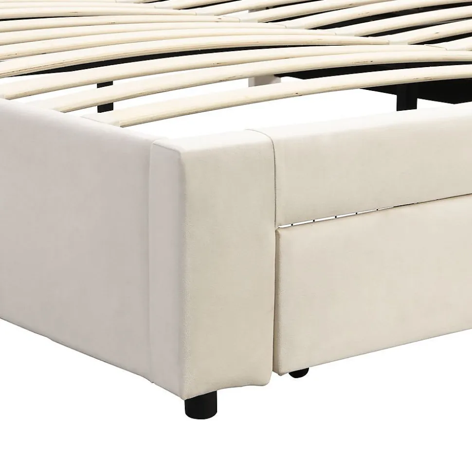 Lit Double 180X200Cm Velours Tiroirs Beige Blackcolors