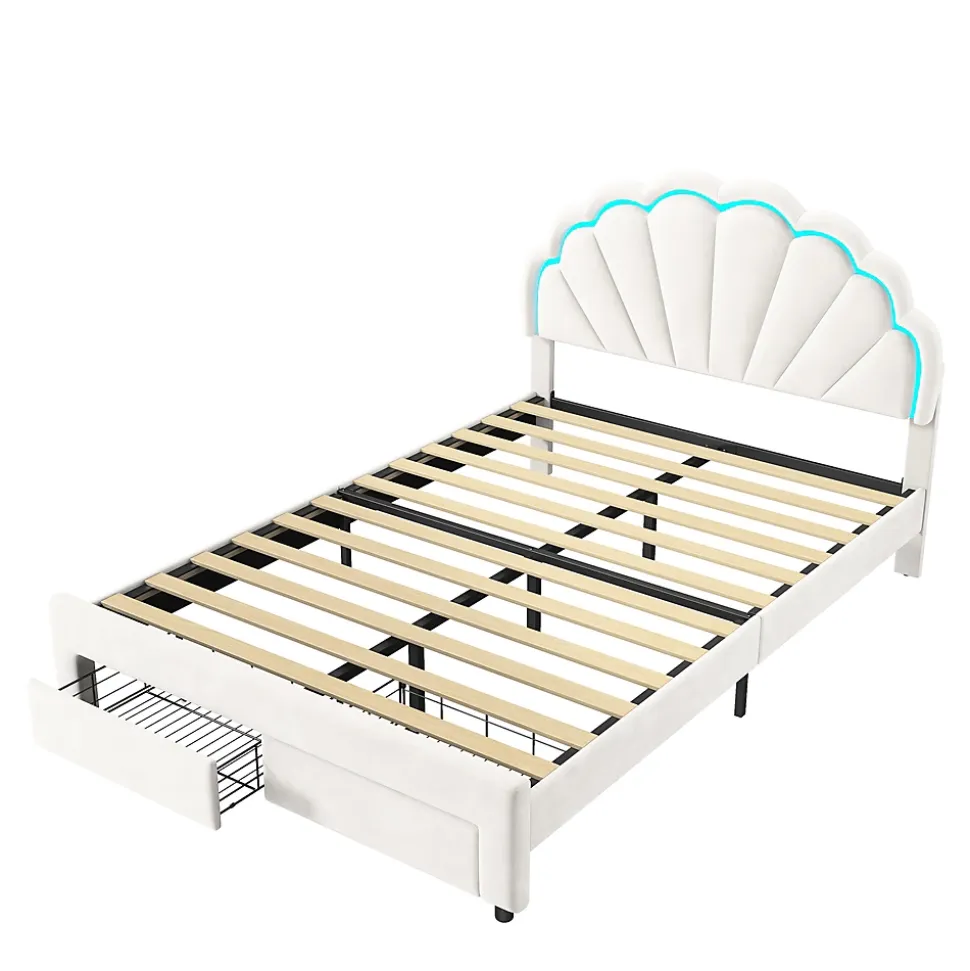 Lit double 140x200,lit double capitonné,2 tiroirs en bout de lit,tête de lit pétale,LED réglable,velours,blanc