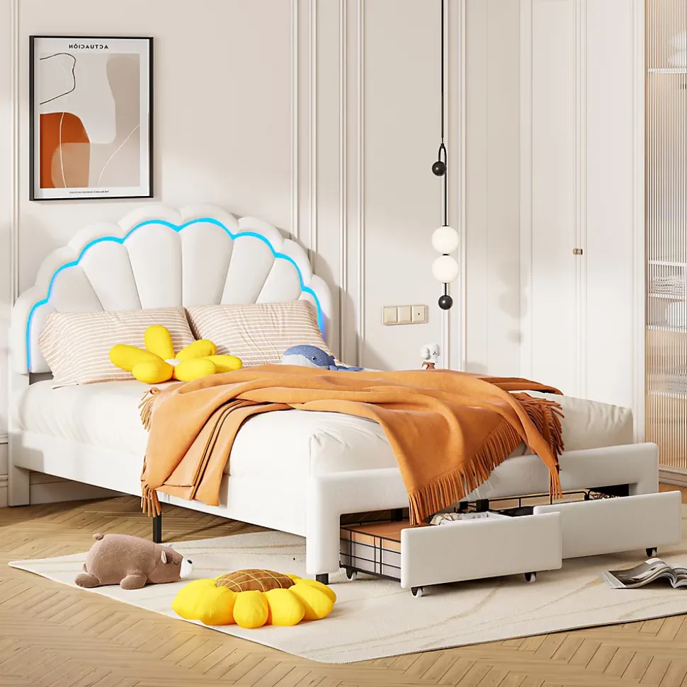 Lit double 140x200,lit double capitonné,2 tiroirs en bout de lit,tête de lit pétale,LED réglable,velours,blanc