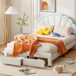 Lit double 140x200,lit double capitonné,2 tiroirs en bout de lit,tête de lit pétale,LED réglable,velours,blanc