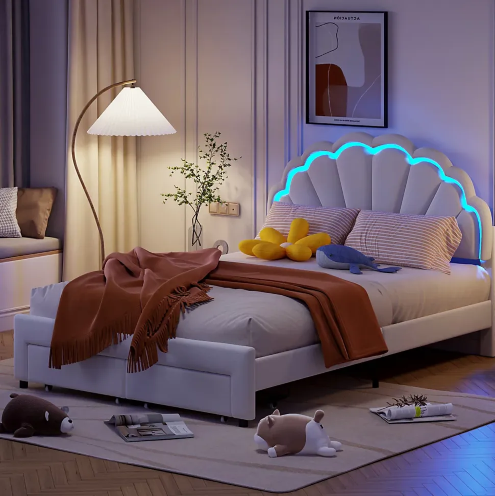 Lit double 140x200,lit double capitonné,2 tiroirs en bout de lit,tête de lit pétale,LED réglable,velours,blanc