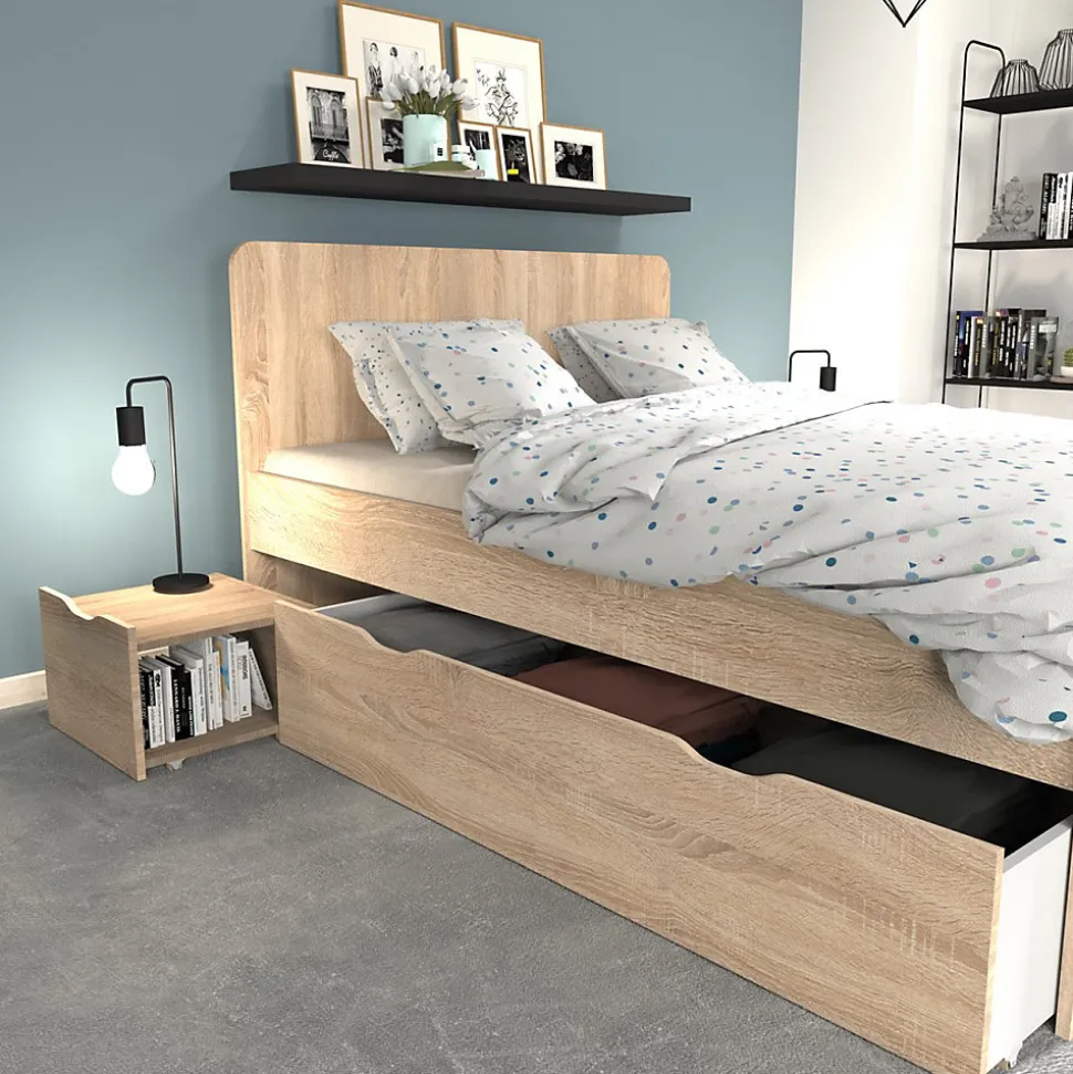 Lit double ZENIA 140x190 + 2 chevets + 2 tiroirs / Décor Chêne blanchi