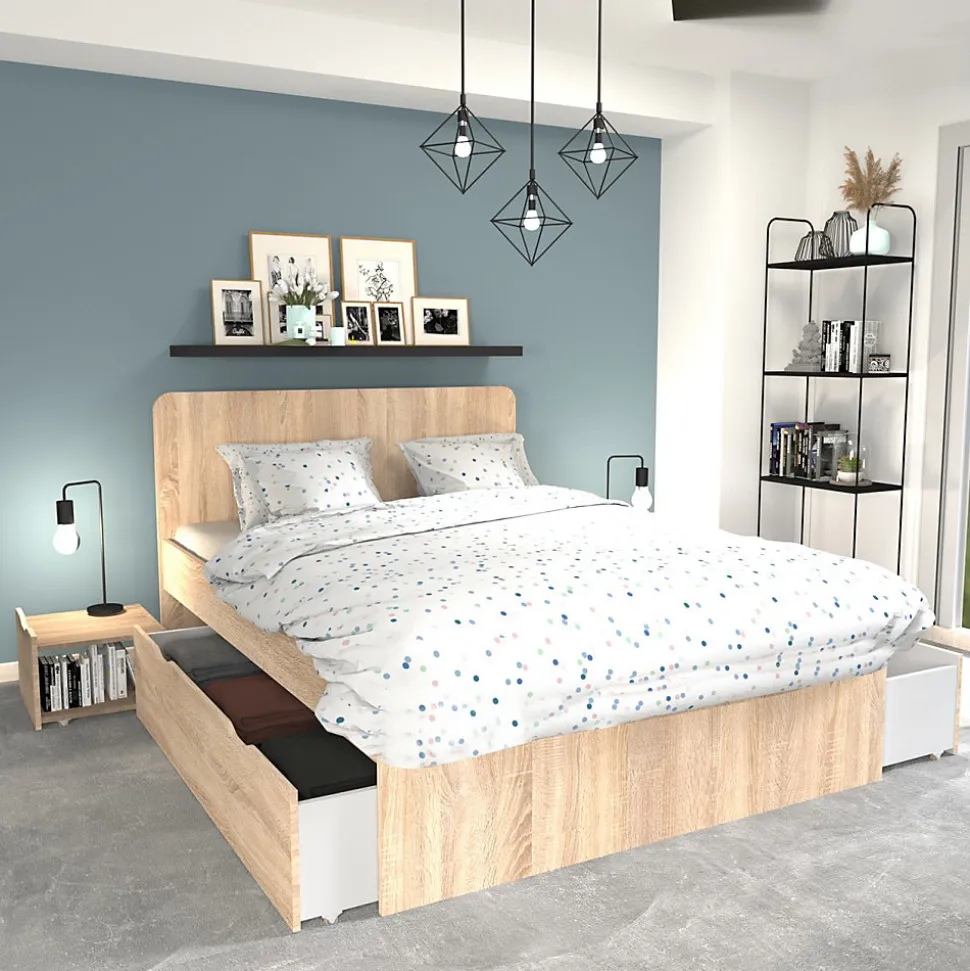 Lit double ZENIA 140x190 + 2 chevets + 2 tiroirs / Décor Chêne blanchi