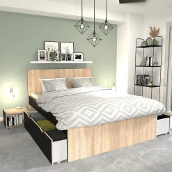 Lit double ZENIA 140x190 + 2 chevets + 2 tiroirs / Décor Chêne blanchi & noir