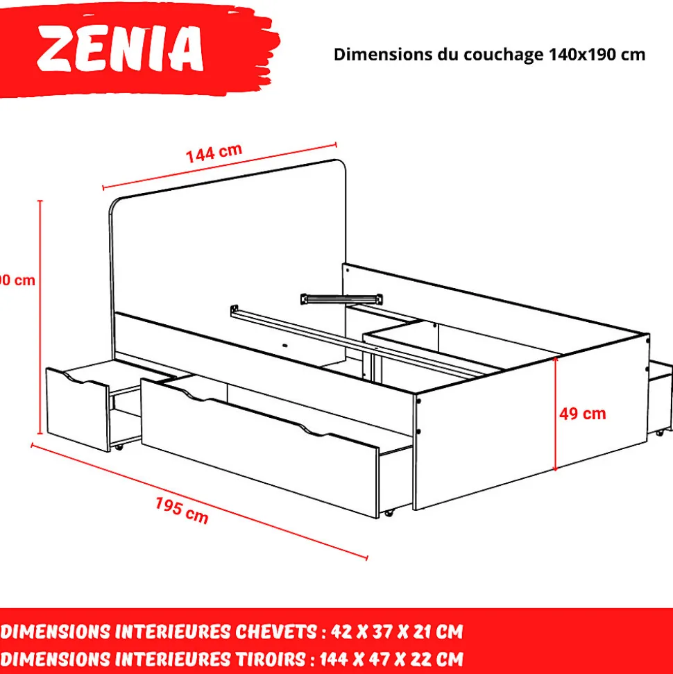 Lit double ZENIA 140x190 + 2 chevets + 2 tiroirs / Décor Chêne blanchi & noir