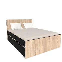 Lit double ZENIA 140x190 + 2 chevets + 2 tiroirs / Décor Chêne blanchi & noir