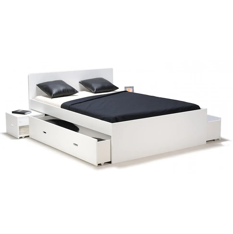 Lit double ZENIA 160x200 + 2 chevets + 2 tiroirs / Blanc